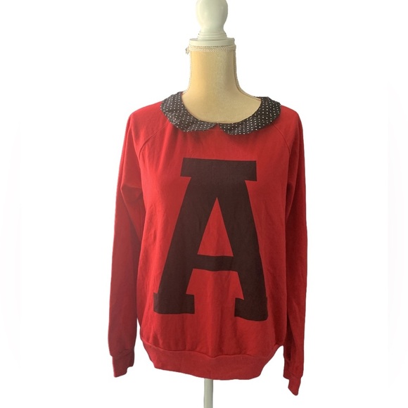 Forever 21 Red Giant Letter A Black White Polka Dot Collar Fleece Sweatshirt L - Picture 1 of 10